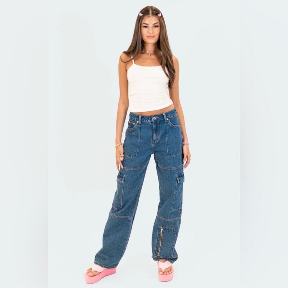 Edikted Jaimie Cargo Jeans Baggy Fit Pockets Low Waist Blue Denim Y2K NEW Size L